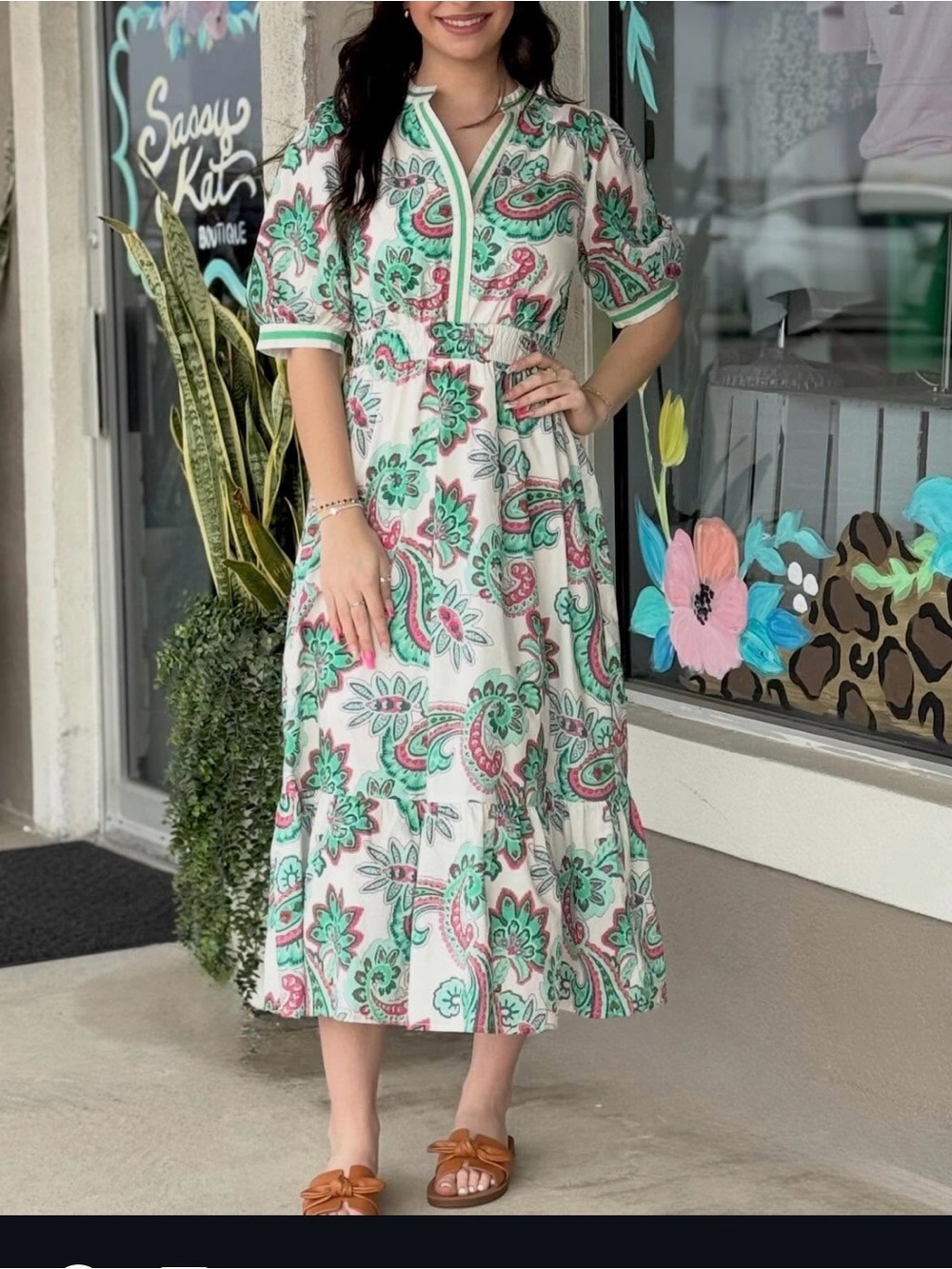 Umgee Cream Maxi Dress with Green & Pink Paisley Print